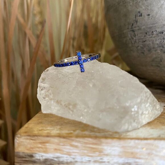 Blue Sapphire Cz Sterling Silver Sideways Cross Ring Size 7 - Picture 13 of 14